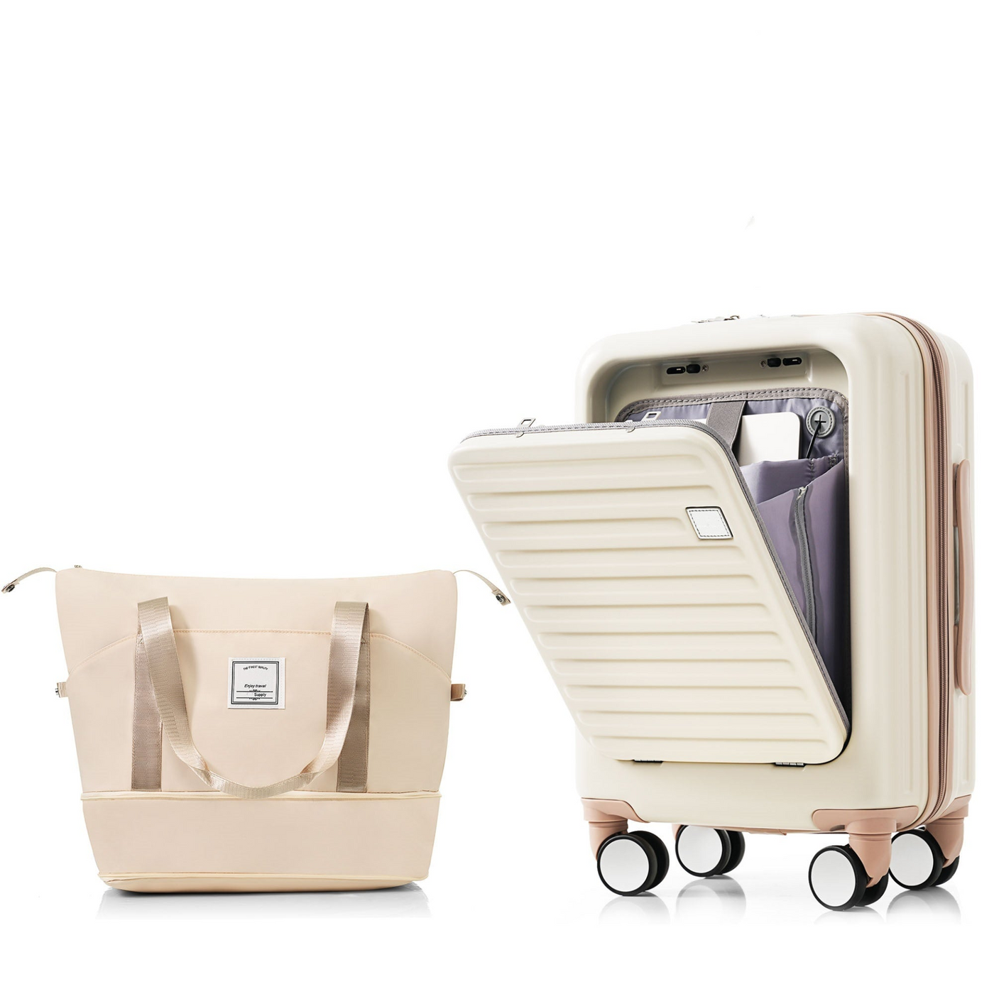 Front Opening 20-Inch Carry-On Luggage with Expandable Travel Bag Set, ABS Hard Shell Two-piece suitcase set with USB Port , Cup Holder, ivory and gloden