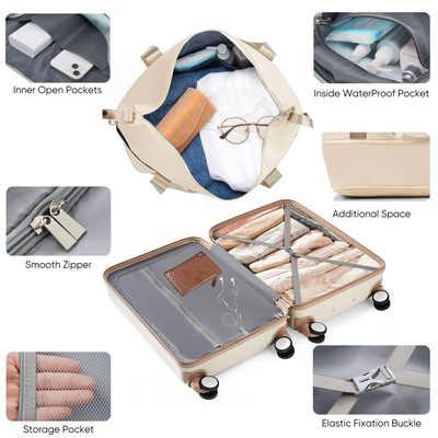 Front Opening 20-Inch Carry-On Luggage with Expandable Travel Bag Set, ABS Hard Shell Two-piece suitcase set with USB Port , Cup Holder, ivory and gloden