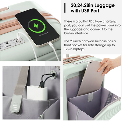 Front Opening 20-Inch Carry-On Luggage with Expandable Travel Bag Set, ABS Hard Shell Two-piece suitcase set with USB Port , Cup Holder, grey green