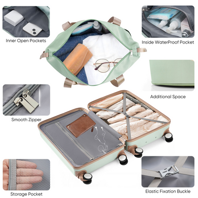 Front Opening 20-Inch Carry-On Luggage with Expandable Travel Bag Set, ABS Hard Shell Two-piece suitcase set with USB Port , Cup Holder, grey green