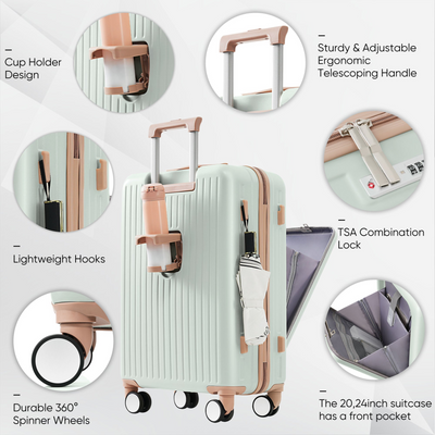 Front Opening 20-Inch Carry-On Luggage with Expandable Travel Bag Set, ABS Hard Shell Two-piece suitcase set with USB Port , Cup Holder, grey green