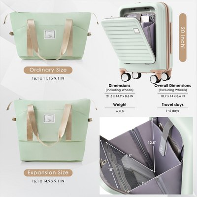 Front Opening 20-Inch Carry-On Luggage with Expandable Travel Bag Set, ABS Hard Shell Two-piece suitcase set with USB Port , Cup Holder, grey green