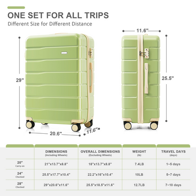 Premium ABS Travel Luggage Set , 3-Piece TSA Lock Suitcase Ensemble with 20, 24, and 28 Inch Sizes with 360° Spinner Wheels, green and beige