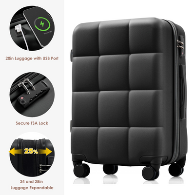 Luggage Set of 3, 20-inch with USB Port, Airline Certified Carry-on Luggage with Cup Holder, ABS Hard Shell Luggage with Spinner Wheels, black