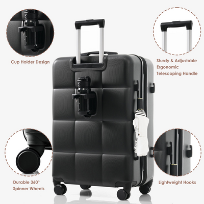 Luggage Set of 3, 20-inch with USB Port, Airline Certified Carry-on Luggage with Cup Holder, ABS Hard Shell Luggage with Spinner Wheels, black