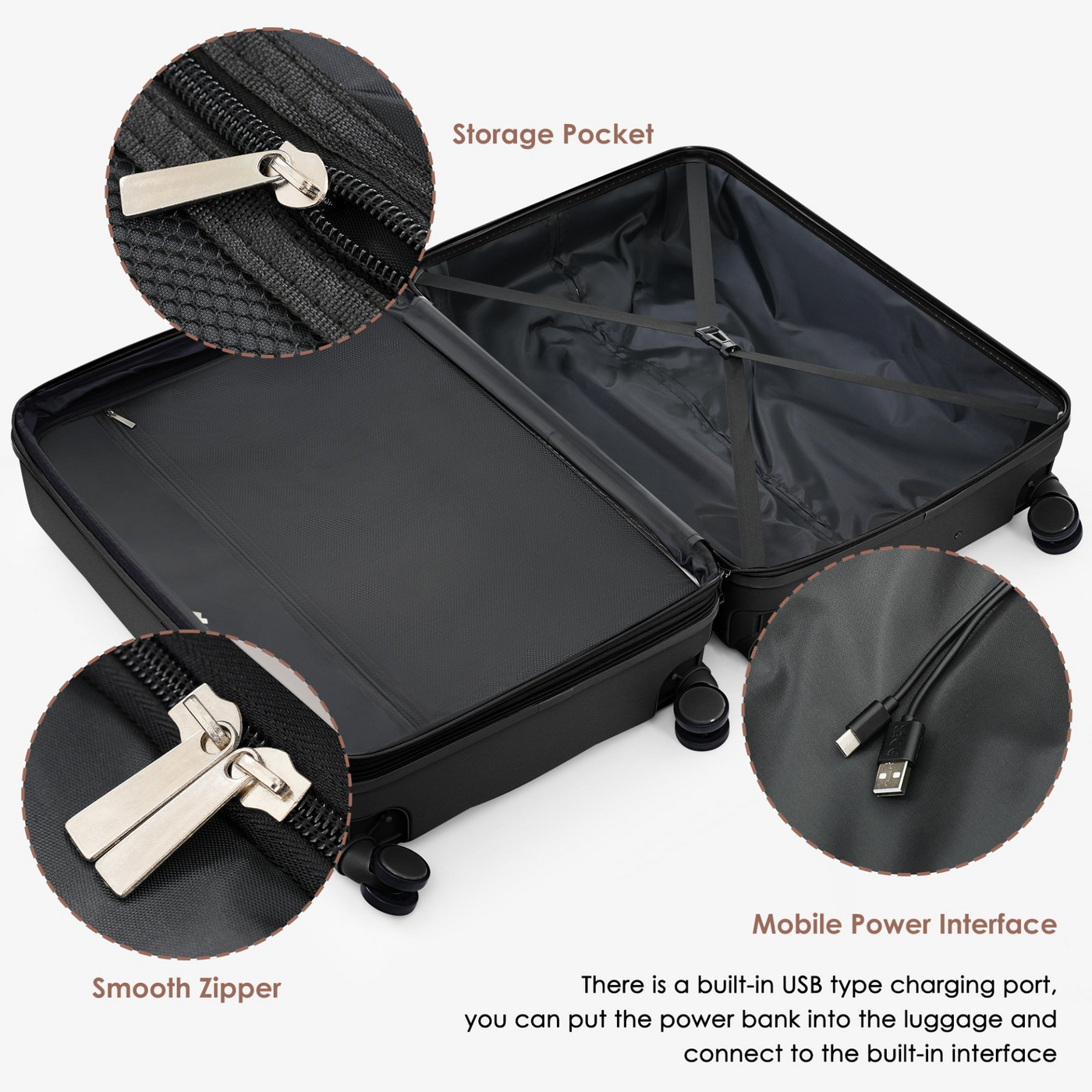 Luggage Set of 3, 20-inch with USB Port, Airline Certified Carry-on Luggage with Cup Holder, ABS Hard Shell Luggage with Spinner Wheels, black