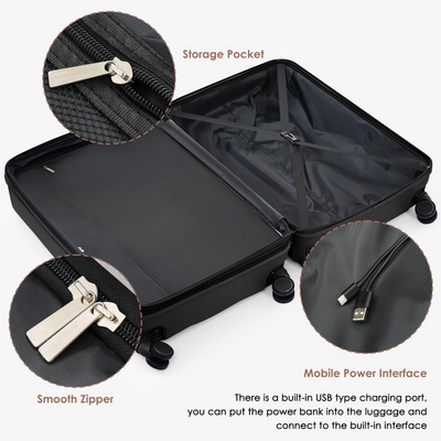 Luggage Set of 3, 20-inch with USB Port, Airline Certified Carry-on Luggage with Cup Holder, ABS Hard Shell Luggage with Spinner Wheels, black