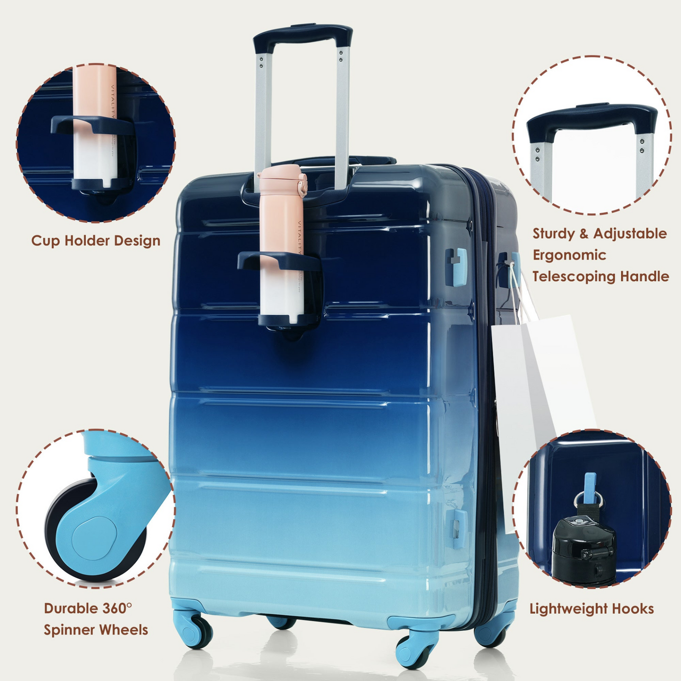 Luggage Sets 4 Piece, 20-inch with USB Port, Expandable ABS Durable Suitcase with Travel Bag,  Cup Holder, ABS+PC Hard Shell Luggage with Spinner Wheels, Gradient Blue
