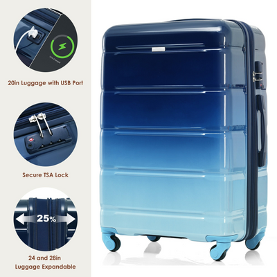 Luggage Sets 4 Piece, 20-inch with USB Port, Expandable ABS Durable Suitcase with Travel Bag,  Cup Holder, ABS+PC Hard Shell Luggage with Spinner Wheels, Gradient Blue