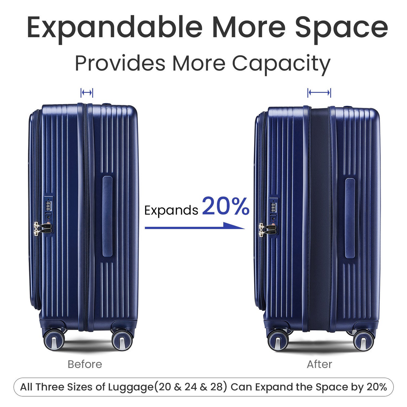 Luggage Sets 3 Piece(20/24/28), Expandable Carry On Luggage with TSA Lock Airline Approved, 100% PC Hard Shell and Lightweight Suitcase with Front Pocket and Spinner Wheels