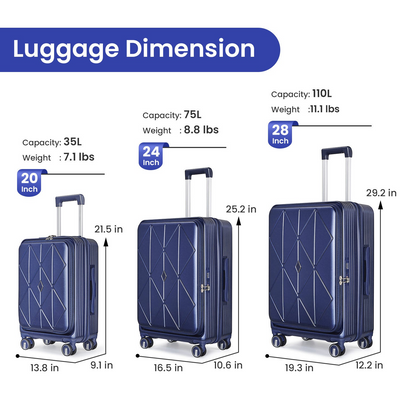 Luggage Sets 3 Piece(20/24/28), Expandable Carry On Luggage with TSA Lock Airline Approved, 100% PC Hard Shell and Lightweight Suitcase with Front Pocket and Spinner Wheels