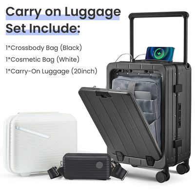 Aluminum Frame 20 Inch with Front Open Carry-on Luggage, PC Hard Shell Suitcase, Bounce Wide Handle Pull Rod Luggage with 360°Double Wheels, Built-In TSA Lock, Airline Approved Suitcase for Business