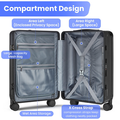 Aluminum Frame 20 Inch with Front Open Carry-on Luggage, PC Hard Shell Suitcase, Bounce Wide Handle Pull Rod Luggage with 360°Double Wheels, Built-In TSA Lock, Airline Approved Suitcase for Business