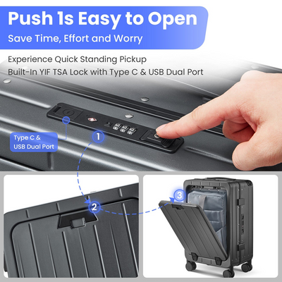Aluminum Frame 20 Inch with Front Open Carry-on Luggage, PC Hard Shell Suitcase, Bounce Wide Handle Pull Rod Luggage with 360°Double Wheels, Built-In TSA Lock, Airline Approved Suitcase for Business