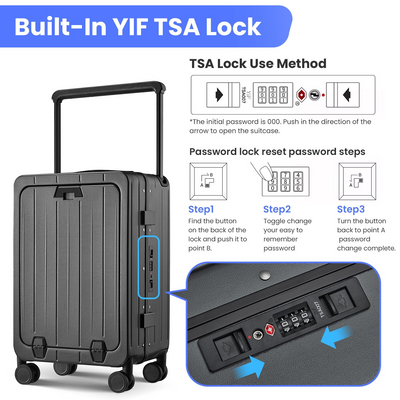 Aluminum Frame 20 Inch with Front Open Carry-on Luggage, PC Hard Shell Suitcase, Bounce Wide Handle Pull Rod Luggage with 360°Double Wheels, Built-In TSA Lock, Airline Approved Suitcase for Business