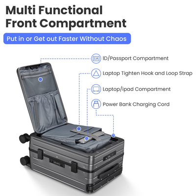 Aluminum Frame 20 Inch with Front Open Carry-on Luggage, PC Hard Shell Suitcase, Bounce Wide Handle Pull Rod Luggage with 360°Double Wheels, Built-In TSA Lock, Airline Approved Suitcase for Business