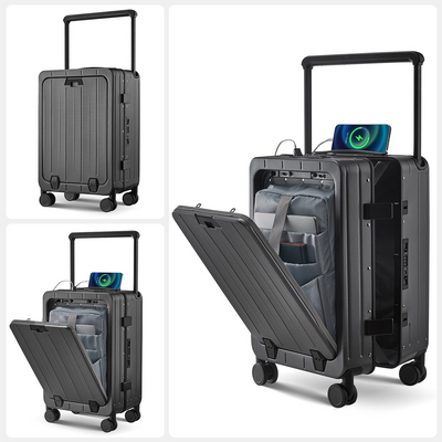 Aluminum Frame 20 Inch with Front Open Carry-on Luggage, PC Hard Shell Suitcase, Bounce Wide Handle Pull Rod Luggage with 360°Double Wheels, Built-In TSA Lock, Airline Approved Suitcase for Business