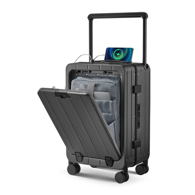 Aluminum Frame 20 Inch with Front Open Carry-on Luggage, PC Hard Shell Suitcase, Bounce Wide Handle Pull Rod Luggage with 360°Double Wheels, Built-In TSA Lock, Airline Approved Suitcase for Business