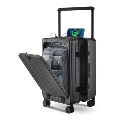 Aluminum Frame 20 Inch with Front Open Carry-on Luggage, PC Hard Shell Suitcase, Bounce Wide Handle Pull Rod Luggage with 360°Double Wheels, Built-In TSA Lock, Airline Approved Suitcase for Business