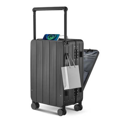 Aluminum Frame 20 Inch with Front Open Carry-on Luggage, PC Hard Shell Suitcase, Bounce Wide Handle Pull Rod Luggage with 360°Double Wheels, Built-In TSA Lock, Airline Approved Suitcase for Business