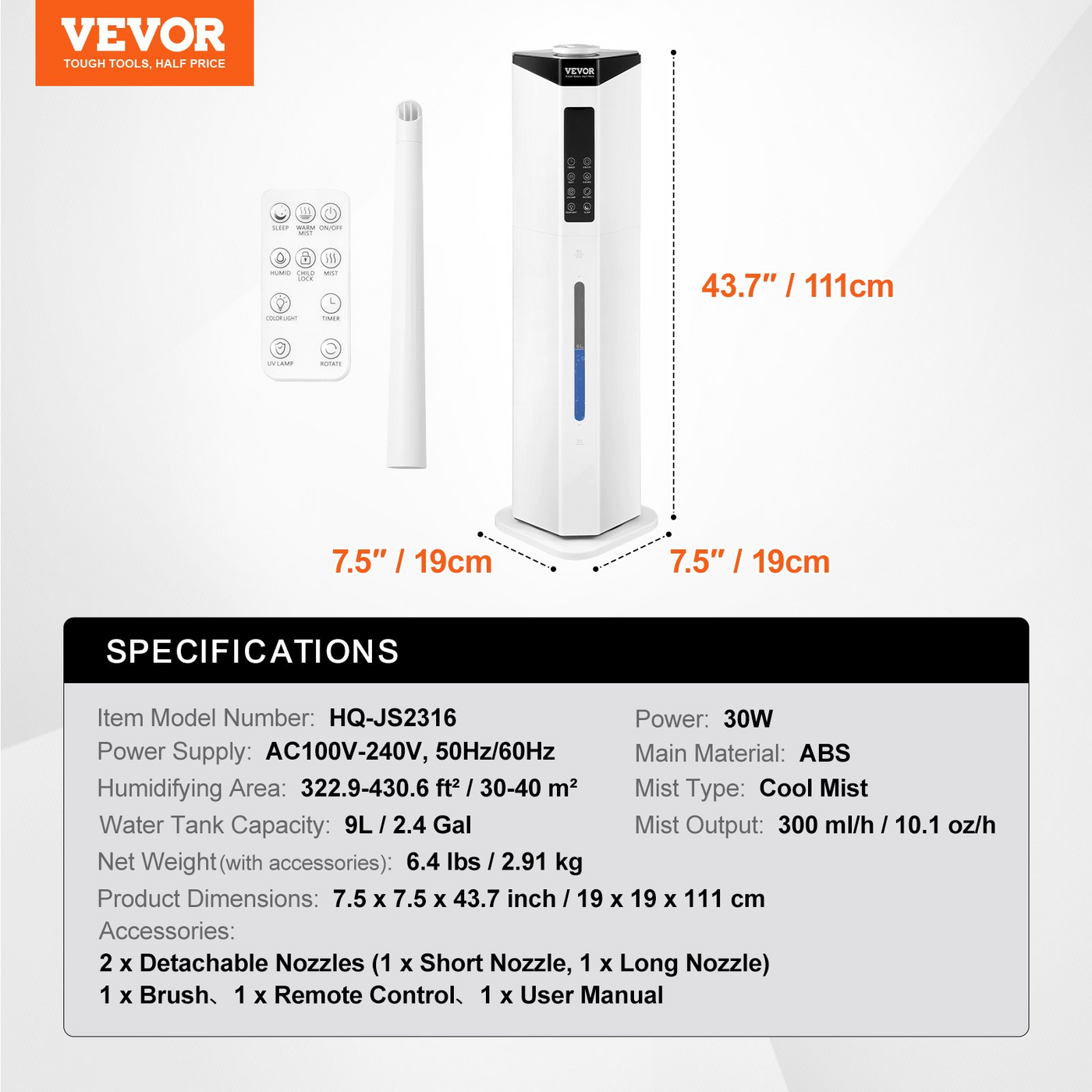 VEVOR Commercial Humidifier 2.4 Gal Cool Mist for Up To 430.6 SqFt Top Refill