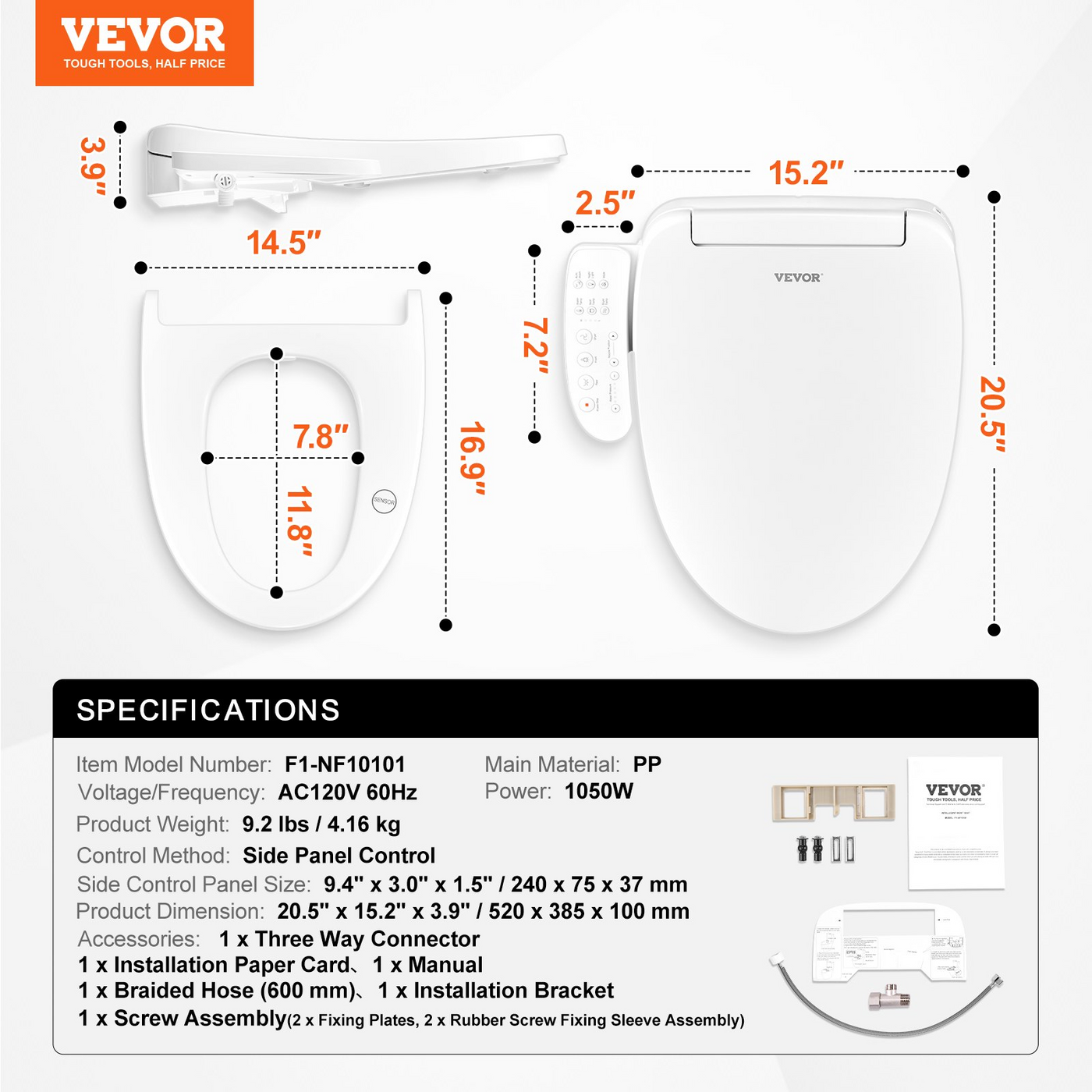 Elongated Bidet Toilet Seat Electric Smart Heated Seat Side Arm Control