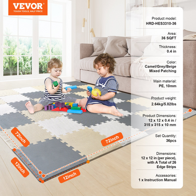 VEVOR Kids Foam Puzzle Floor Playmat 0.4 in 36 Pcs Interlocking EVA Soft Tiles