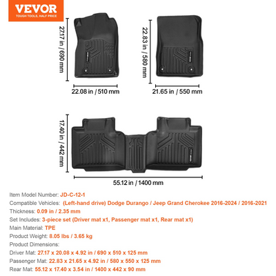 Automotive Floor Mats Fits Dodge Durango/Jeep Grand Cherokee 2016-2024