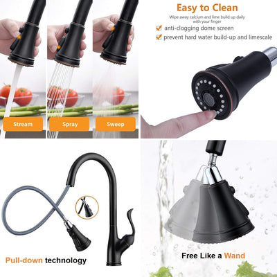 Pull down Kitchen Faucet with Sprayer Oil Rubbed Bronze, Single Handle One Hole High Arc Pull Out Spray Head Kitchen Sink Faucet with Deck Plate
