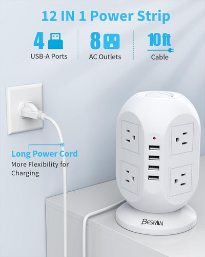 Surge Protector Power Strip Tower,  10 Ft Long Extension Cord with Multiple Outlets, 8 AC Outlets with 4 USB Ports Charging Station with 1050J Surge Protection for Home Office Supplies