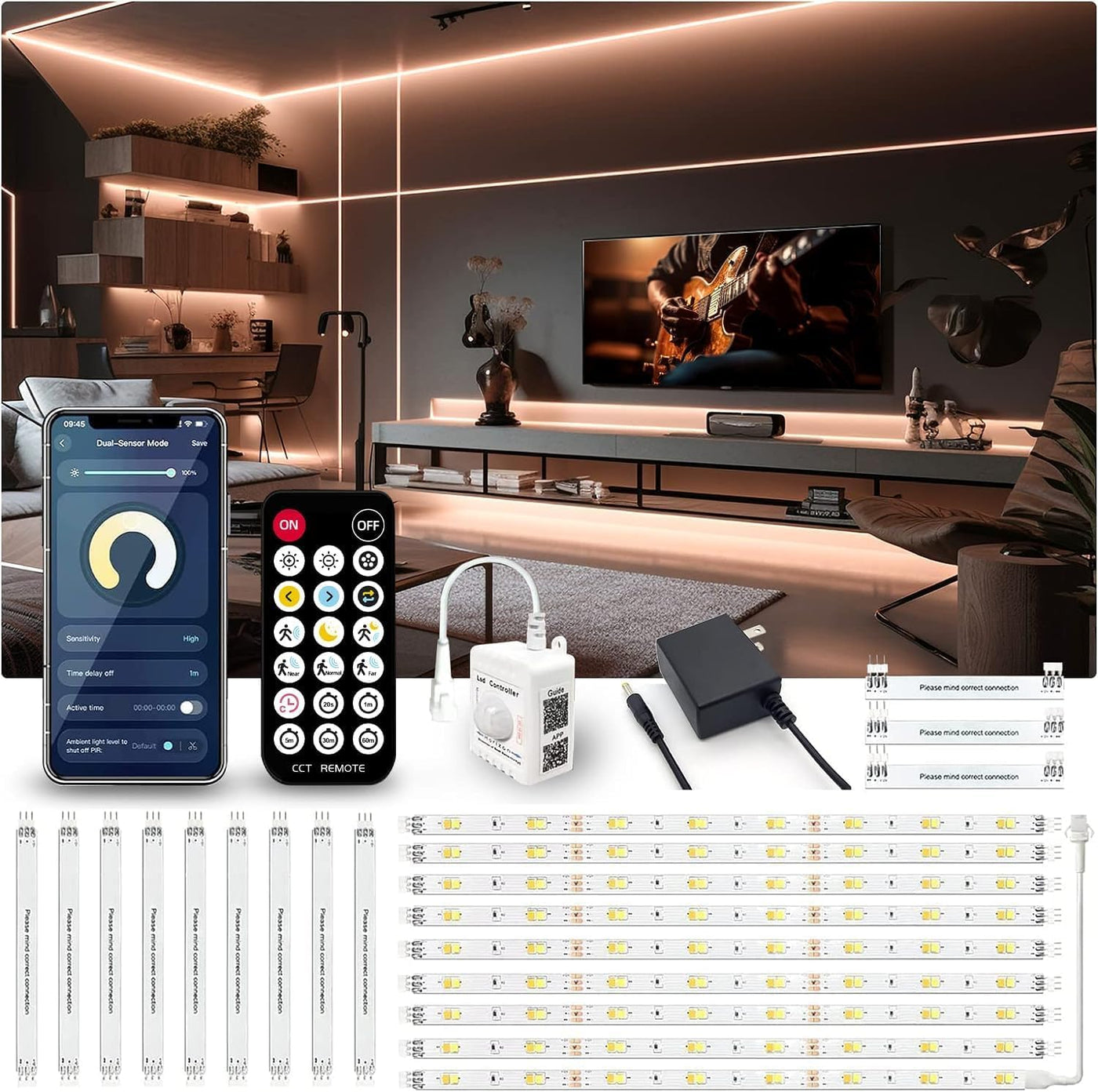 Motion Sensor LED Strip Lights - 10Pcs under Cabinet Kit with App & RF Remote Control, Dimmable 2700K-6500K Lighting for Kitchen, Counter, Shelf, Dusk to Dawn Night Light - 60Ft
