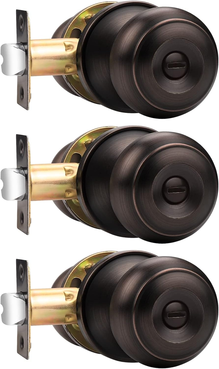 Door Lock, Privacy Door Knobs with Lock, Interior Door Knobs, Bedroom Door Lock, Oil Rubbed Bronze, 3 Pack