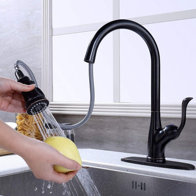 Pull down Kitchen Faucet with Sprayer Oil Rubbed Bronze, Single Handle One Hole High Arc Pull Out Spray Head Kitchen Sink Faucet with Deck Plate