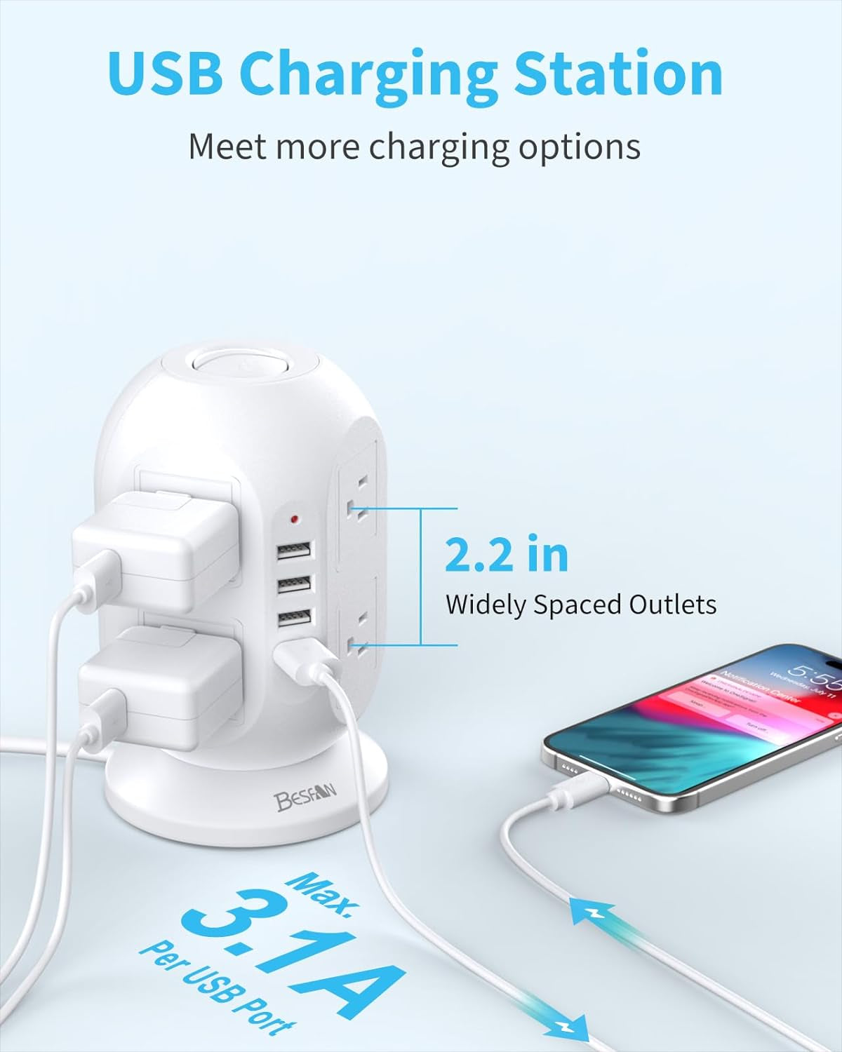 Surge Protector Power Strip Tower,  10 Ft Long Extension Cord with Multiple Outlets, 8 AC Outlets with 4 USB Ports Charging Station with 1050J Surge Protection for Home Office Supplies