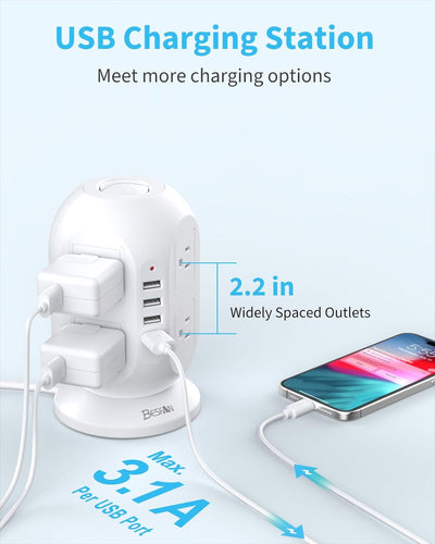 Surge Protector Power Strip Tower,  10 Ft Long Extension Cord with Multiple Outlets, 8 AC Outlets with 4 USB Ports Charging Station with 1050J Surge Protection for Home Office Supplies