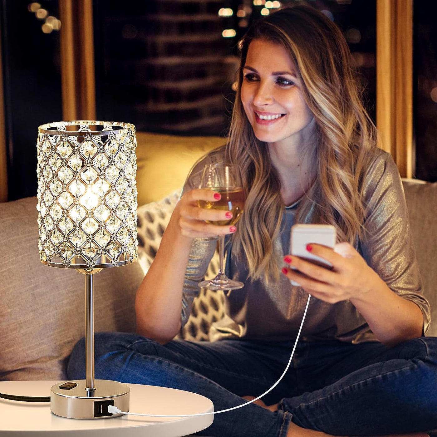 Table Lamps for Bedroom Set of 2-Crystal Table Lamp with USB C+A Ports & AC Outlet Sliver Nightstand Touch Lamp with 3-Way Dimmable Bedside Side Desk Lamp for Living/Bedroom (LED Bulb Included)