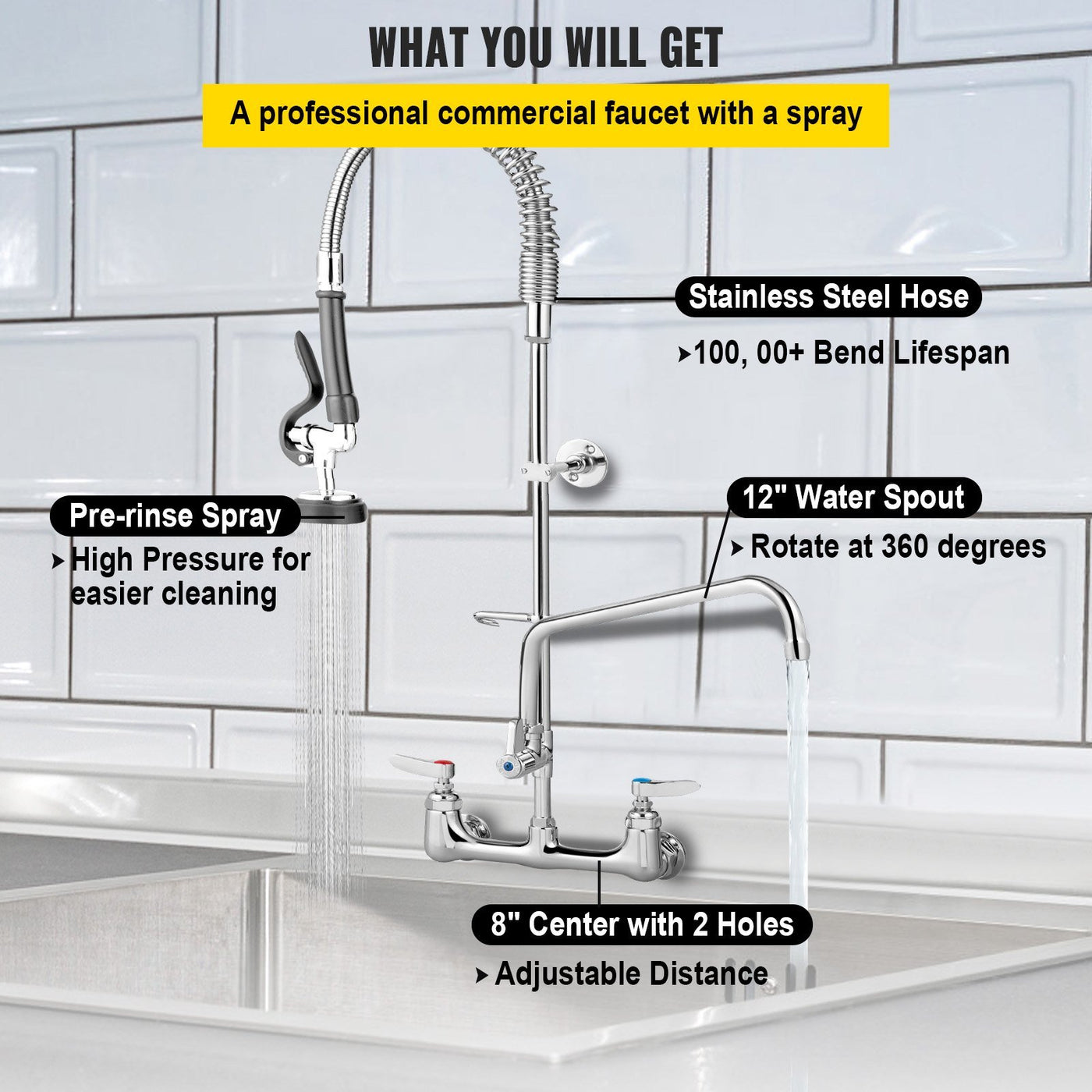 VEVOR Commercial Faucet with Pre-Rinse Sprayer, 8" Adjustable Center Wall Mount Kitchen Faucet with 12" Swivel Spout, 43" Height Compartment Sink Faucet for Industrial Restaurant, Lead-Free Brass