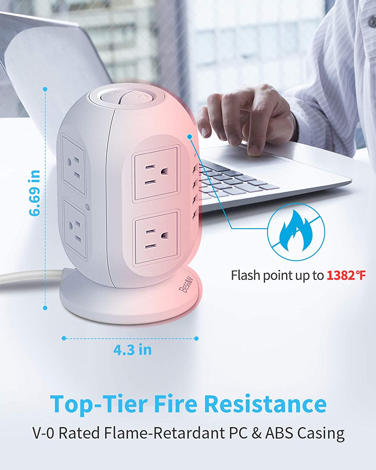 Surge Protector Power Strip Tower,  10 Ft Long Extension Cord with Multiple Outlets, 8 AC Outlets with 4 USB Ports Charging Station with 1050J Surge Protection for Home Office Supplies